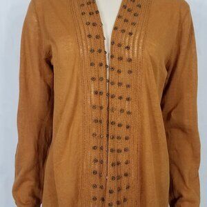 NWT Soft Surroundings brown Linen Cotton beaded open front cardigan ladies Large
